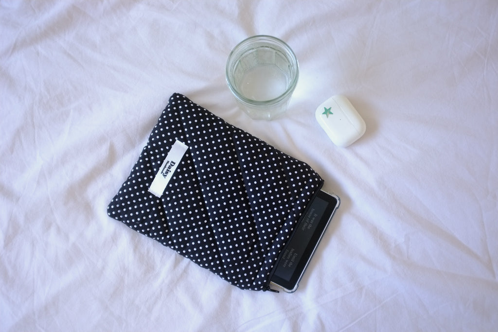 Quilted Kindle sleeve mini black polka dot