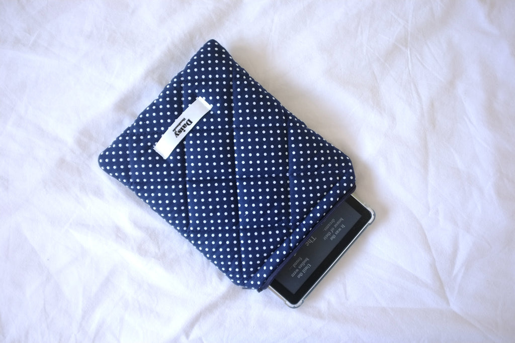 Quilted Kindle sleeve mini navy polka dot