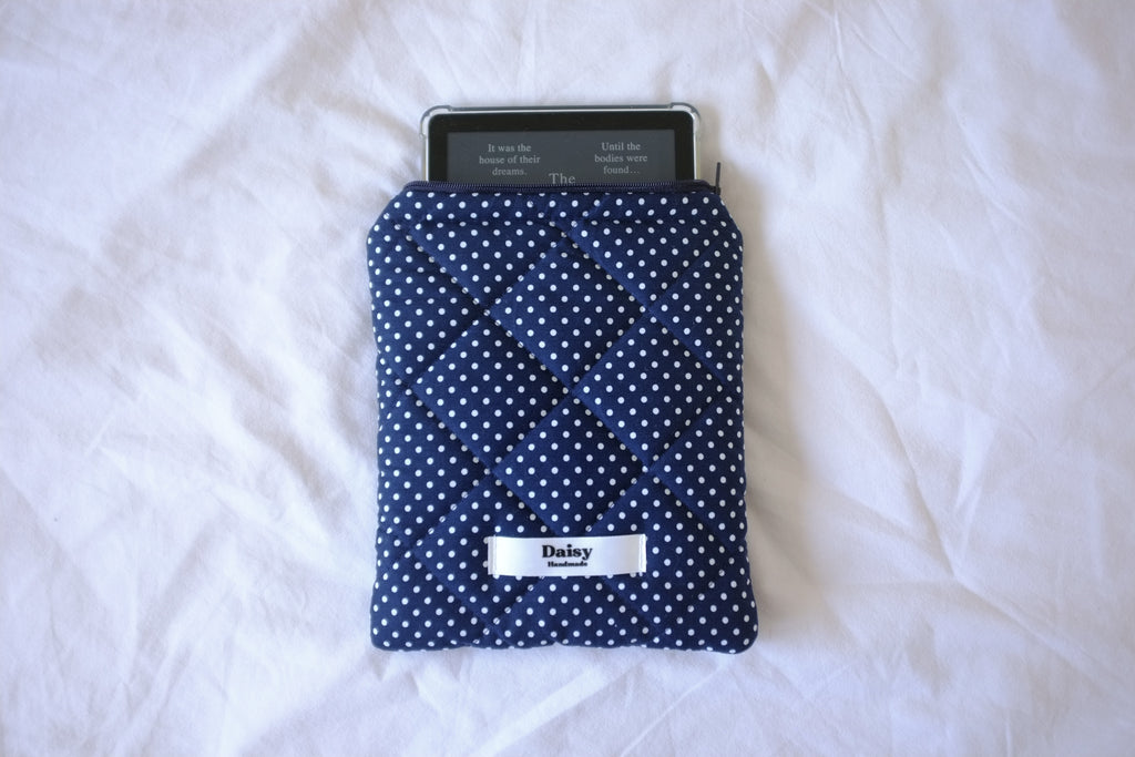 Quilted Kindle sleeve mini navy polka dot
