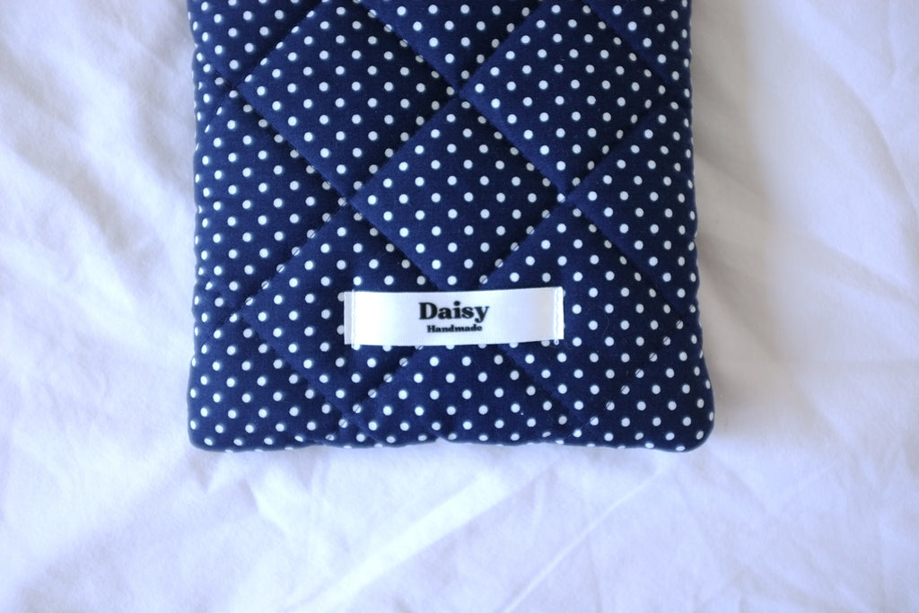 Quilted Kindle sleeve mini navy polka dot