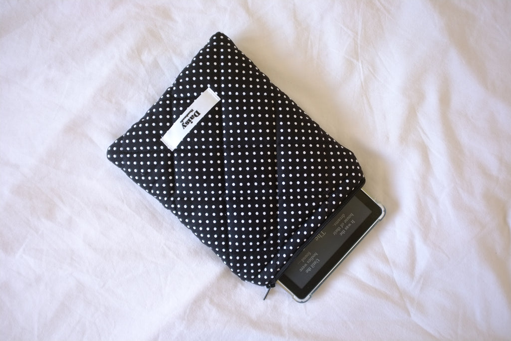 Quilted Kindle sleeve mini black polka dot
