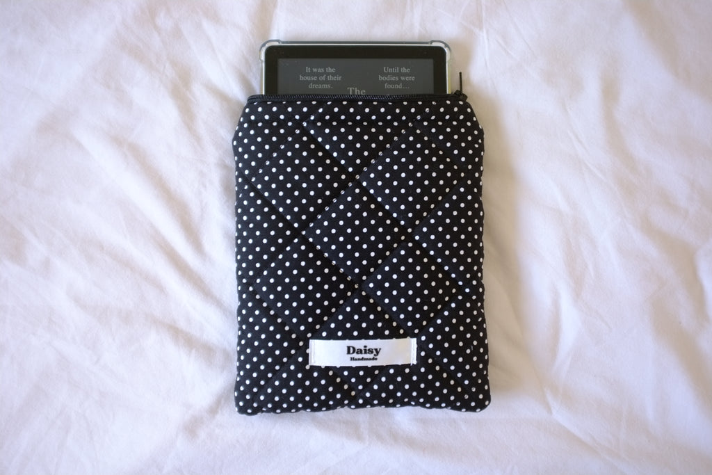 Quilted Kindle sleeve mini black polka dot