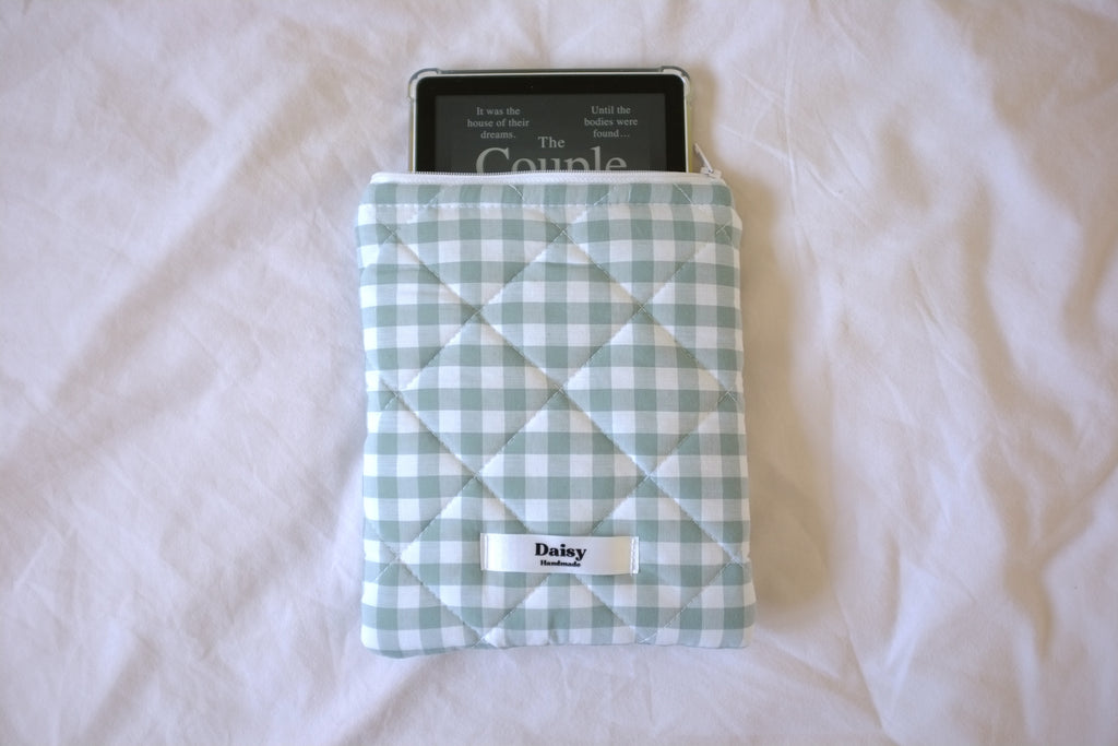 Quilted Kindle sleeve duck egg blue teal gingham