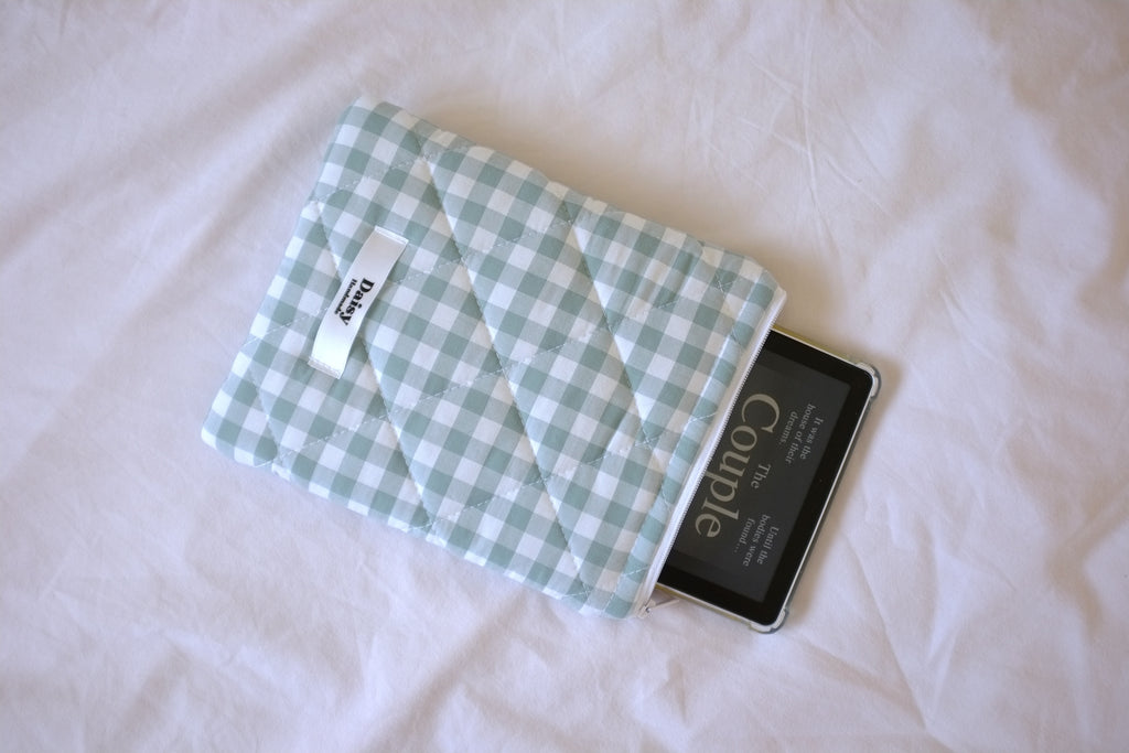 Quilted Kindle sleeve duck egg blue teal gingham