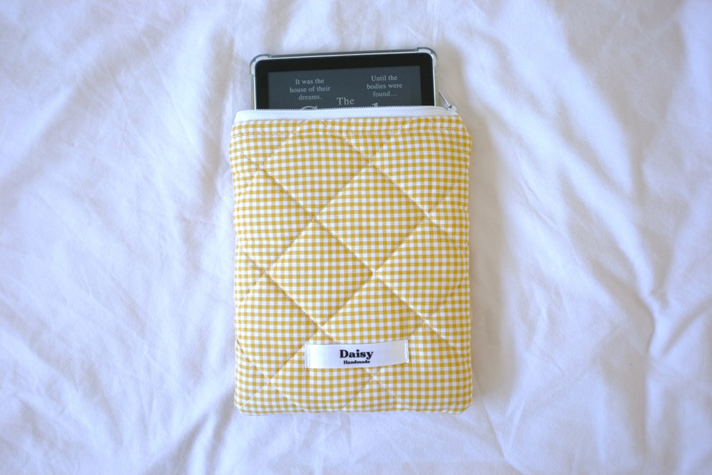 Quilted Kindle sleeve mustard yellow mini gingham