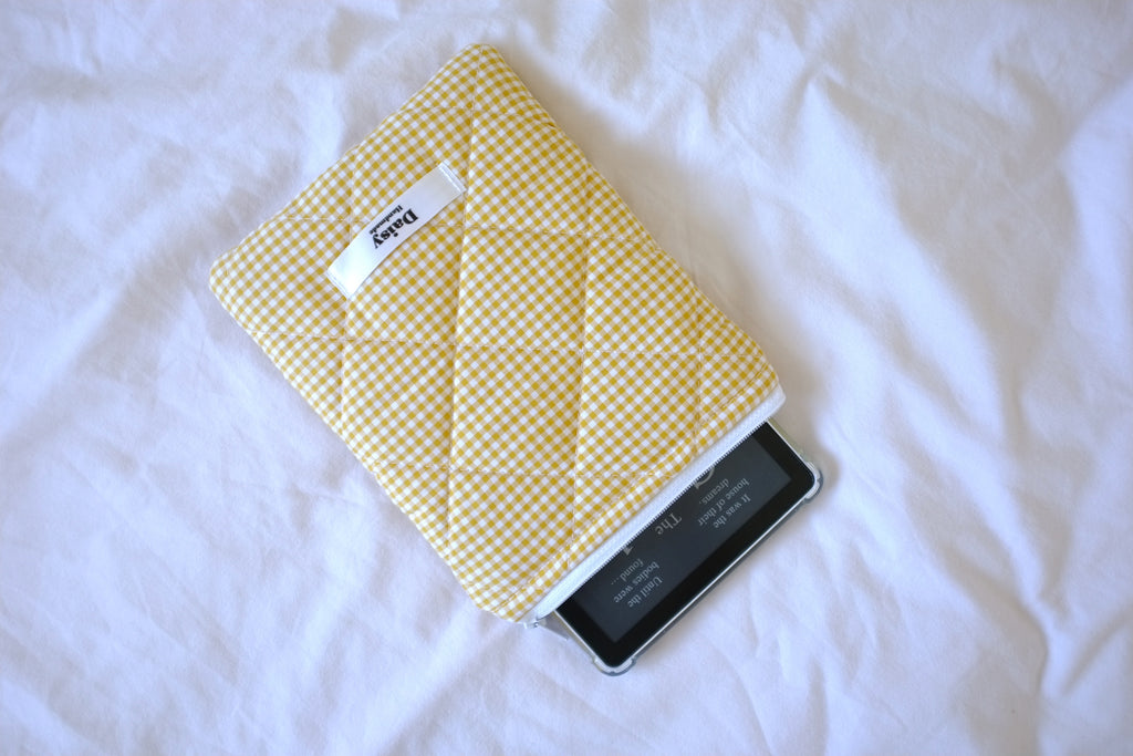 Quilted Kindle sleeve mustard yellow mini gingham