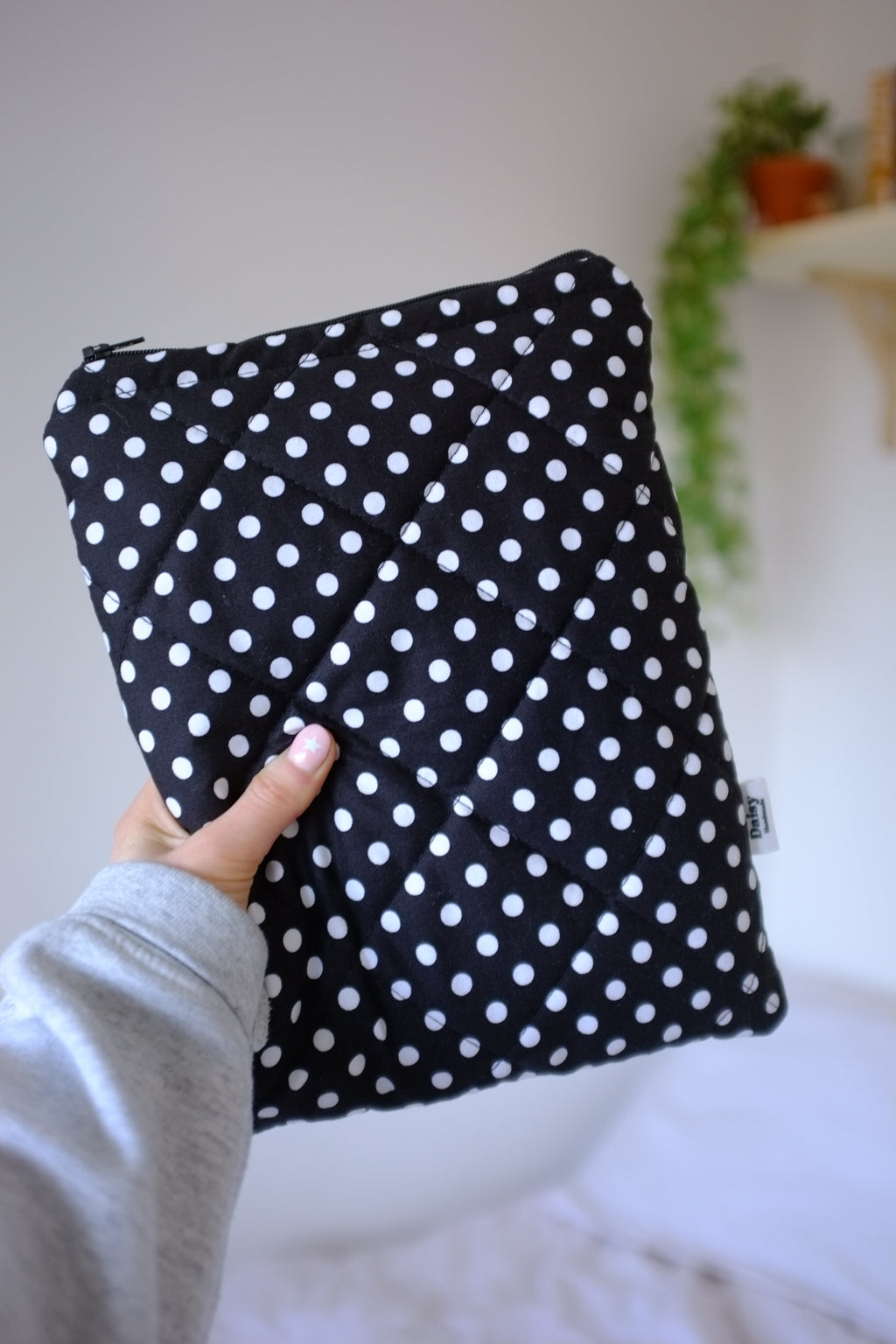 Quilted black polka dot book sleeve