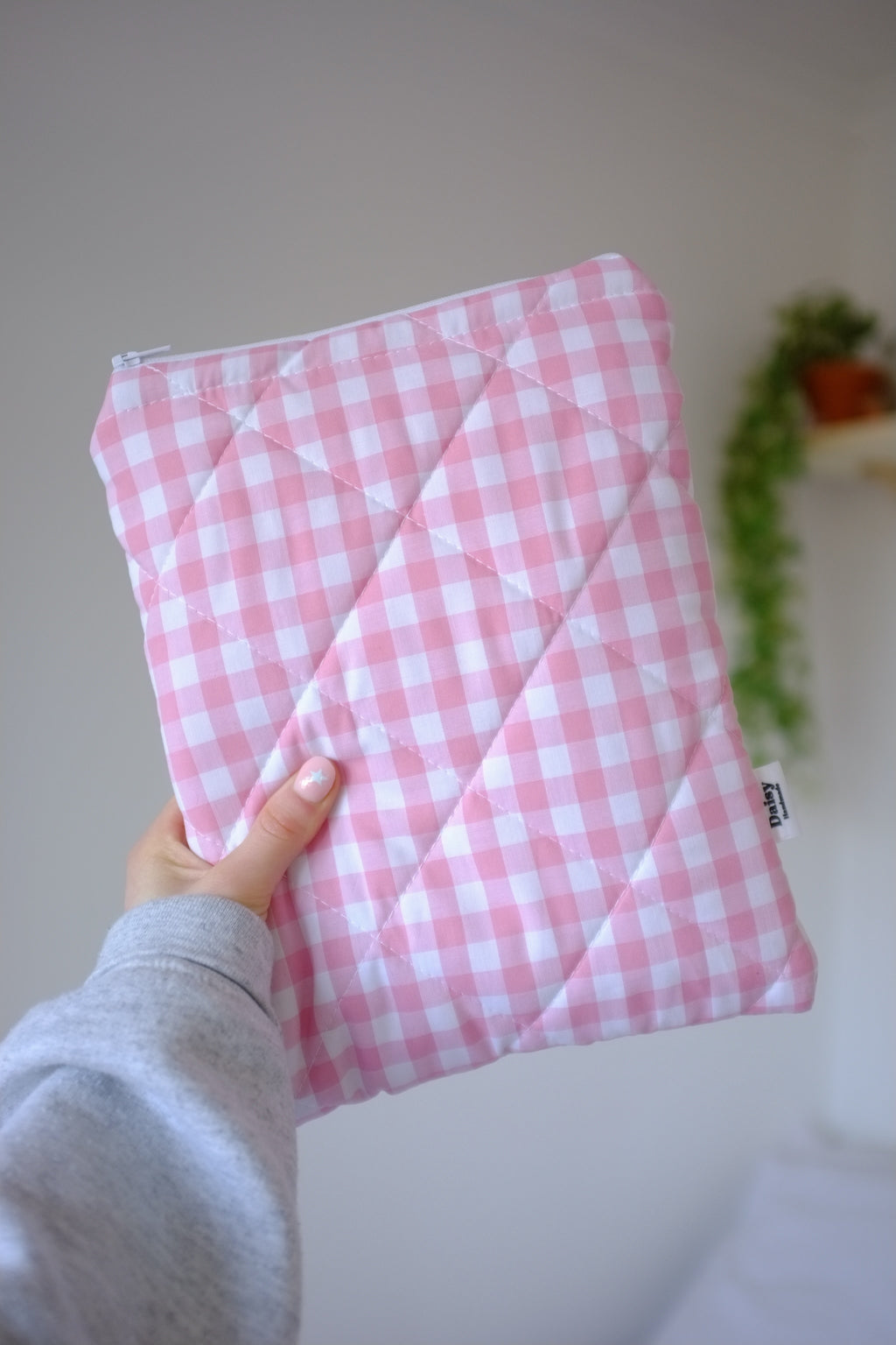 Quilted pink gingham book sleeve
