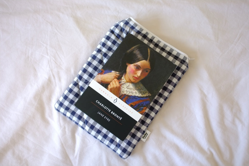 Quilted navy blue gingham book sleeve