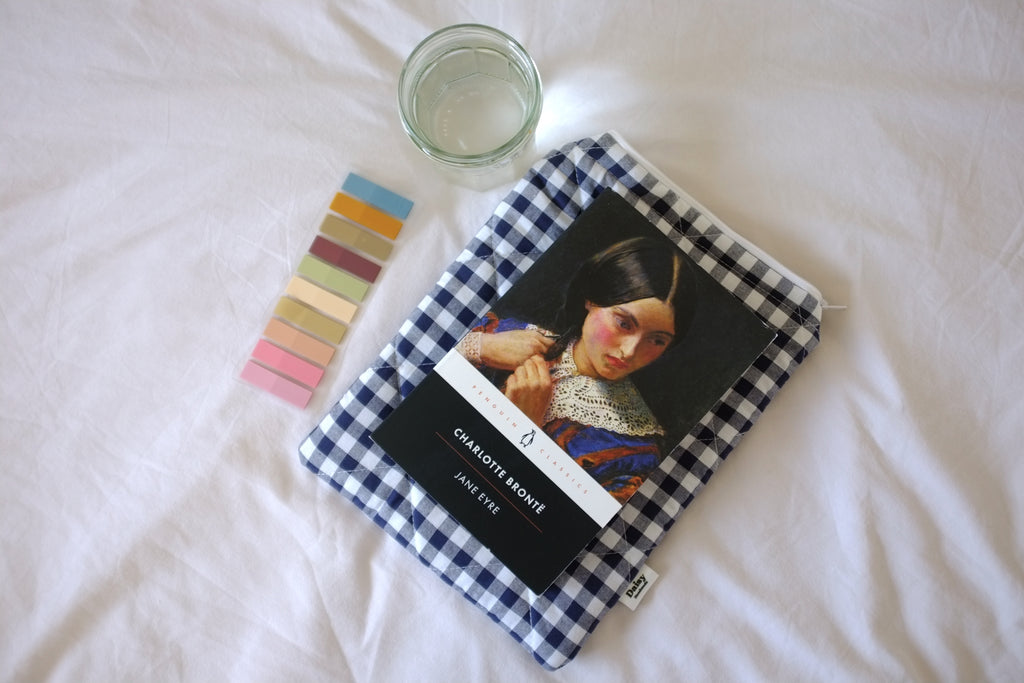 Quilted navy blue gingham book sleeve