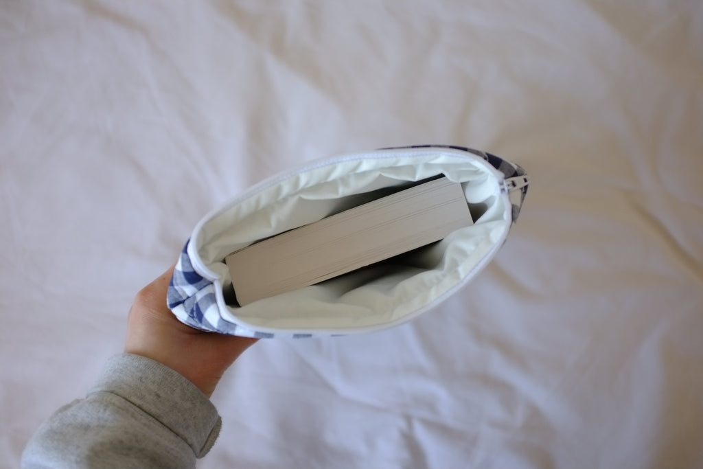 Quilted navy blue gingham book sleeve