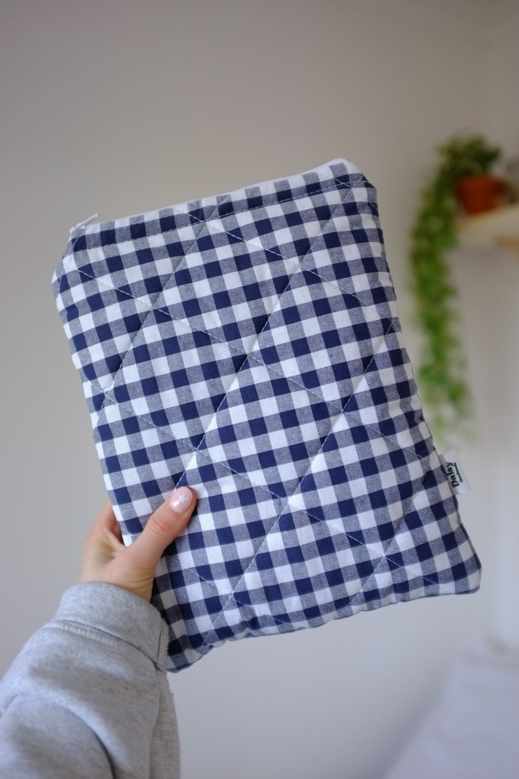 Quilted navy blue gingham book sleeve