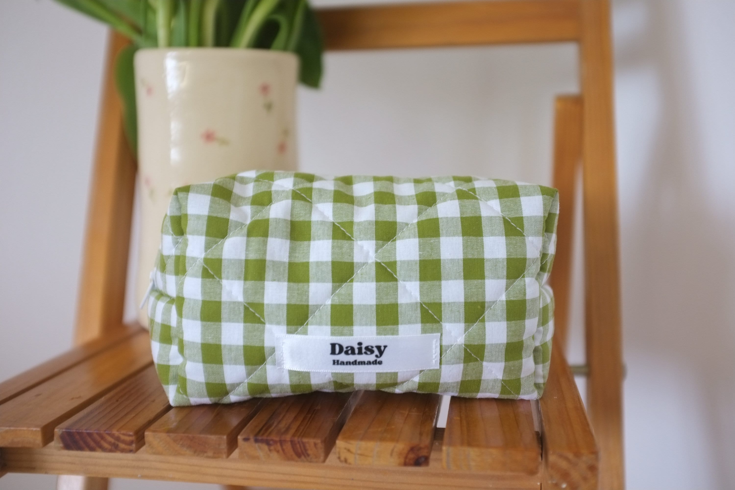 Makeup bag olive green gingham