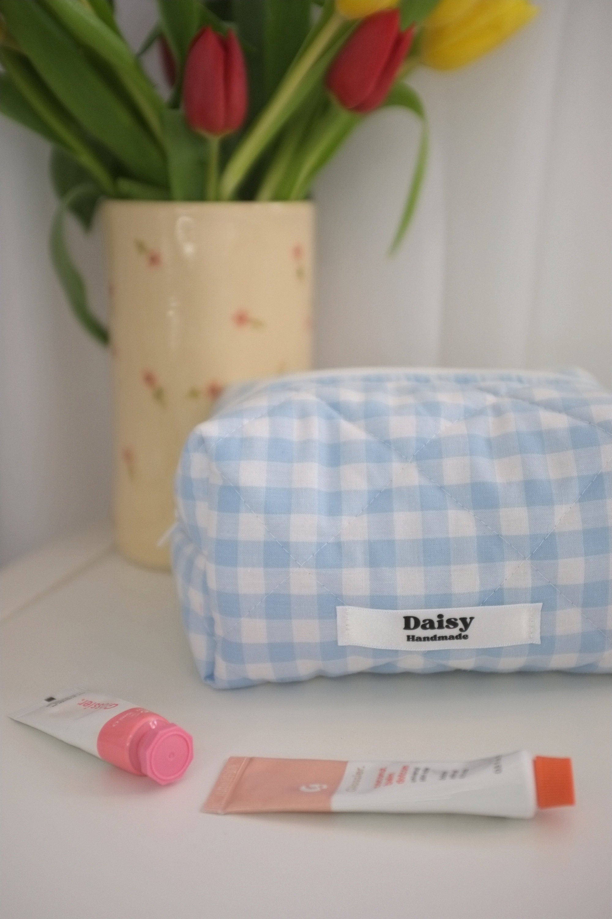 Makeup bag light blue gingham