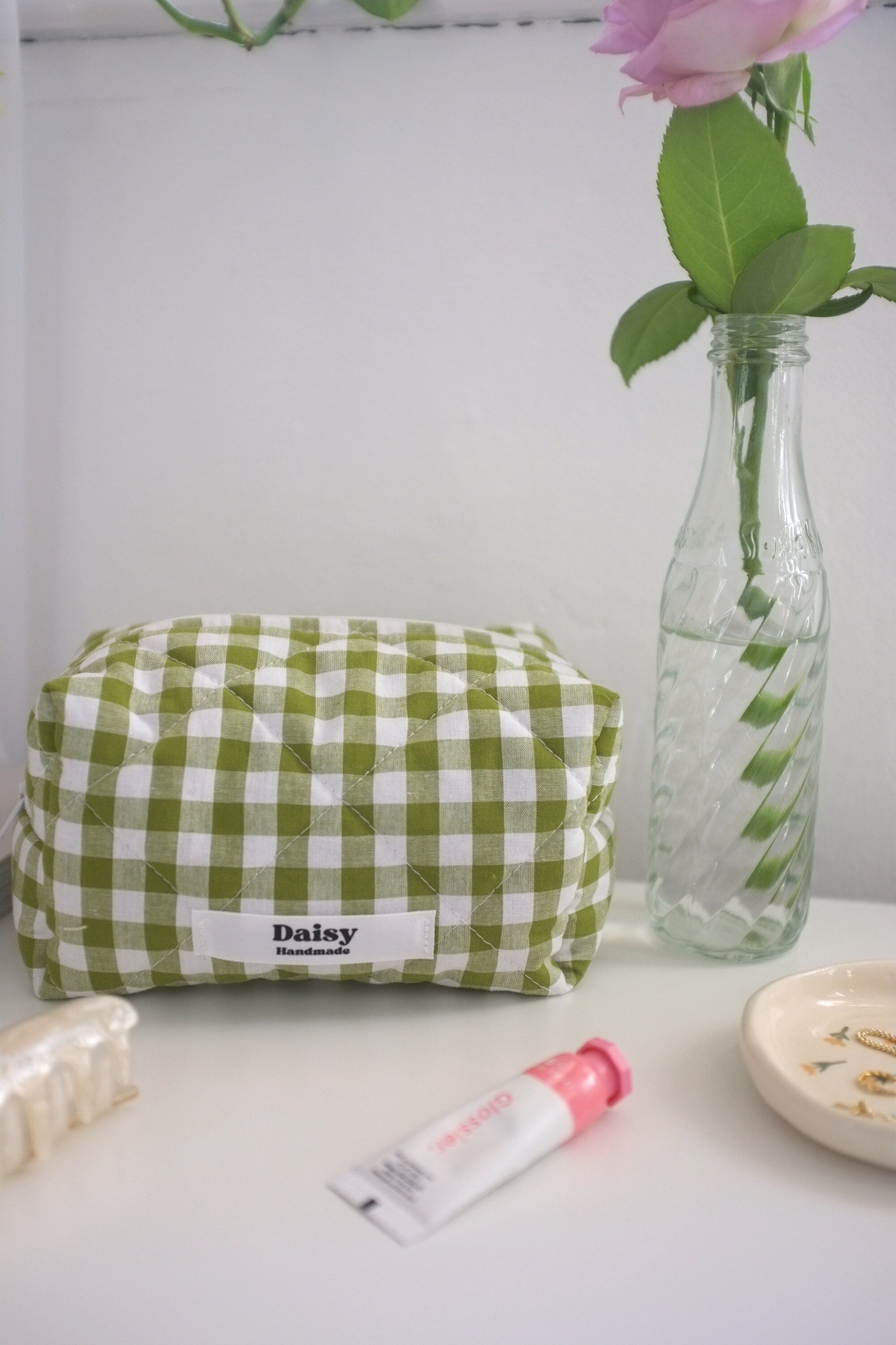 Makeup bag olive green gingham