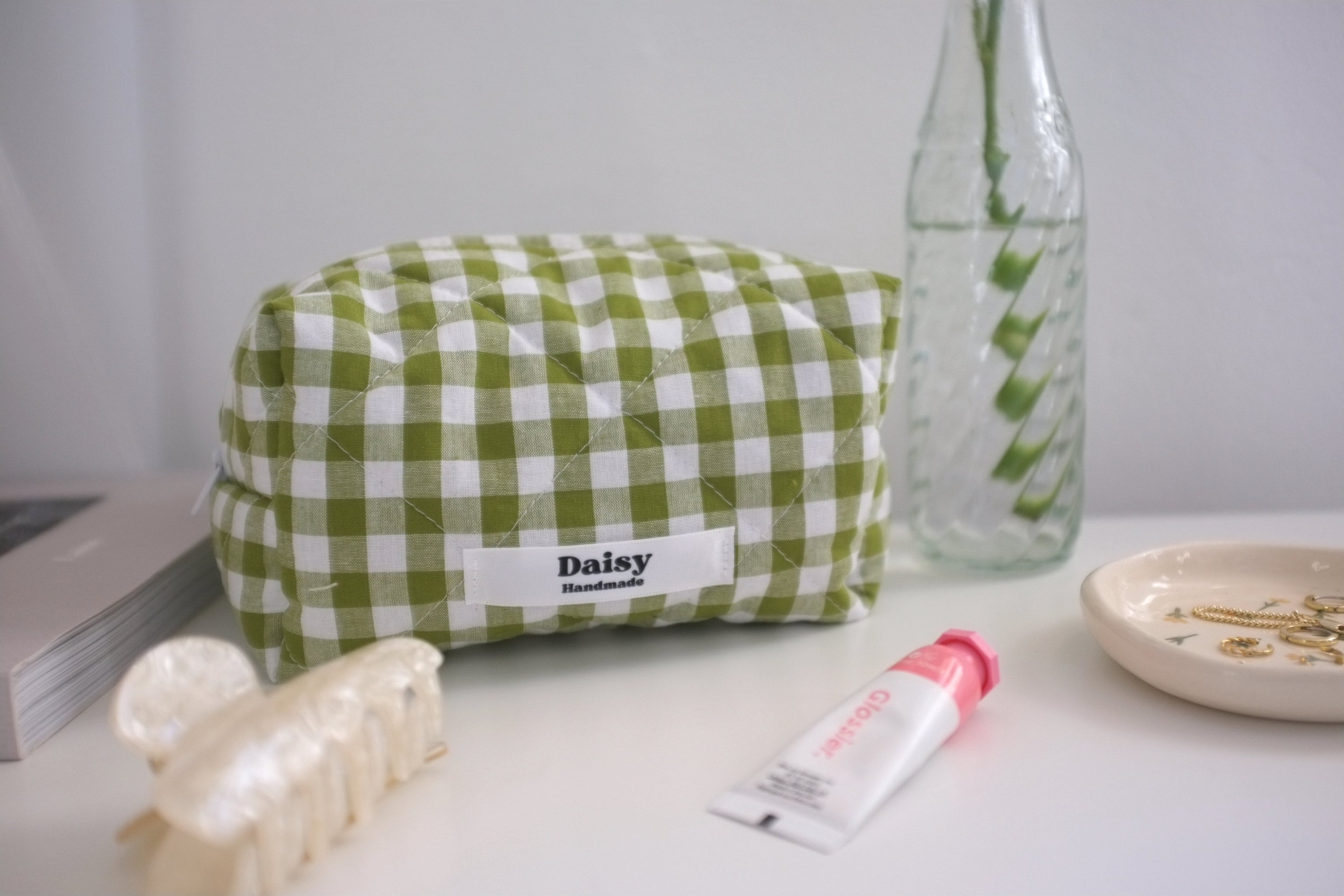 Makeup bag olive green gingham
