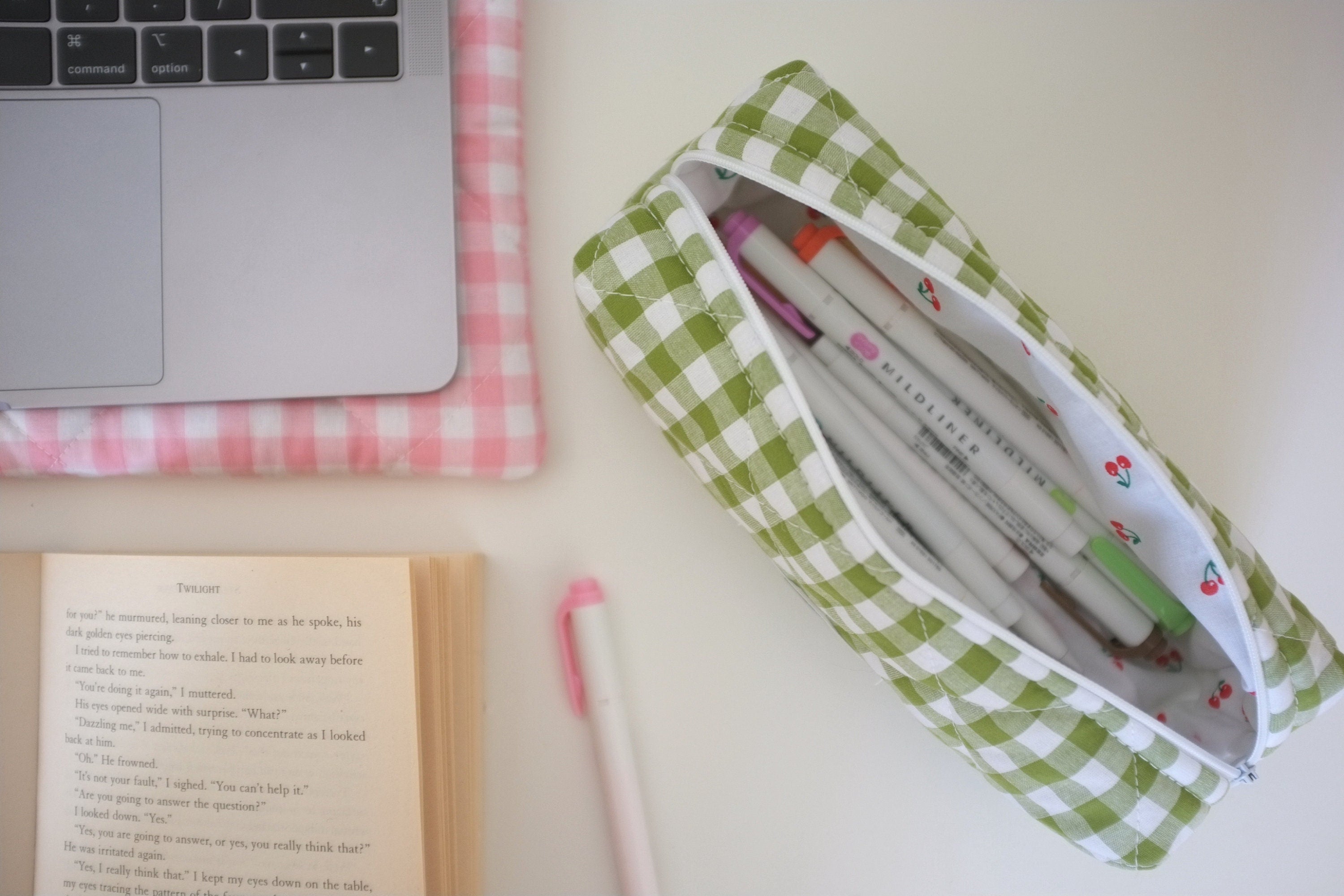 Pencil case olive green gingham