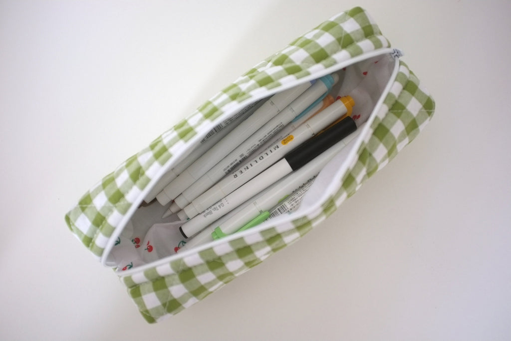 Pencil case olive green gingham