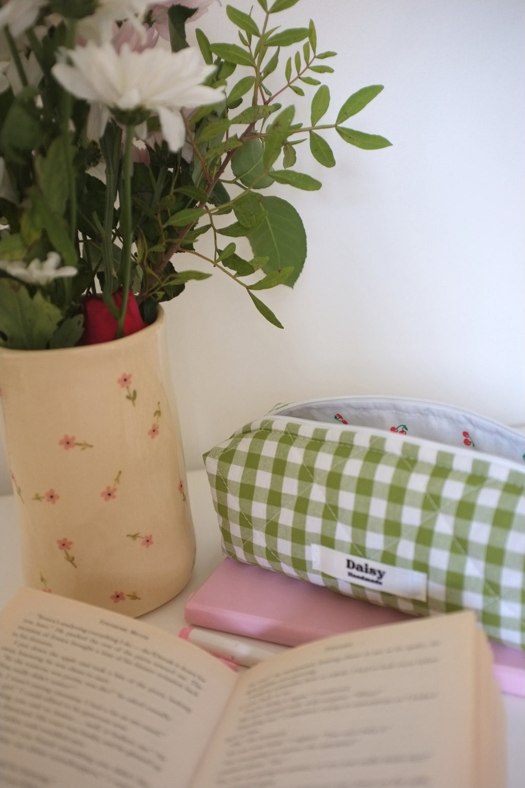 Pencil case olive green gingham