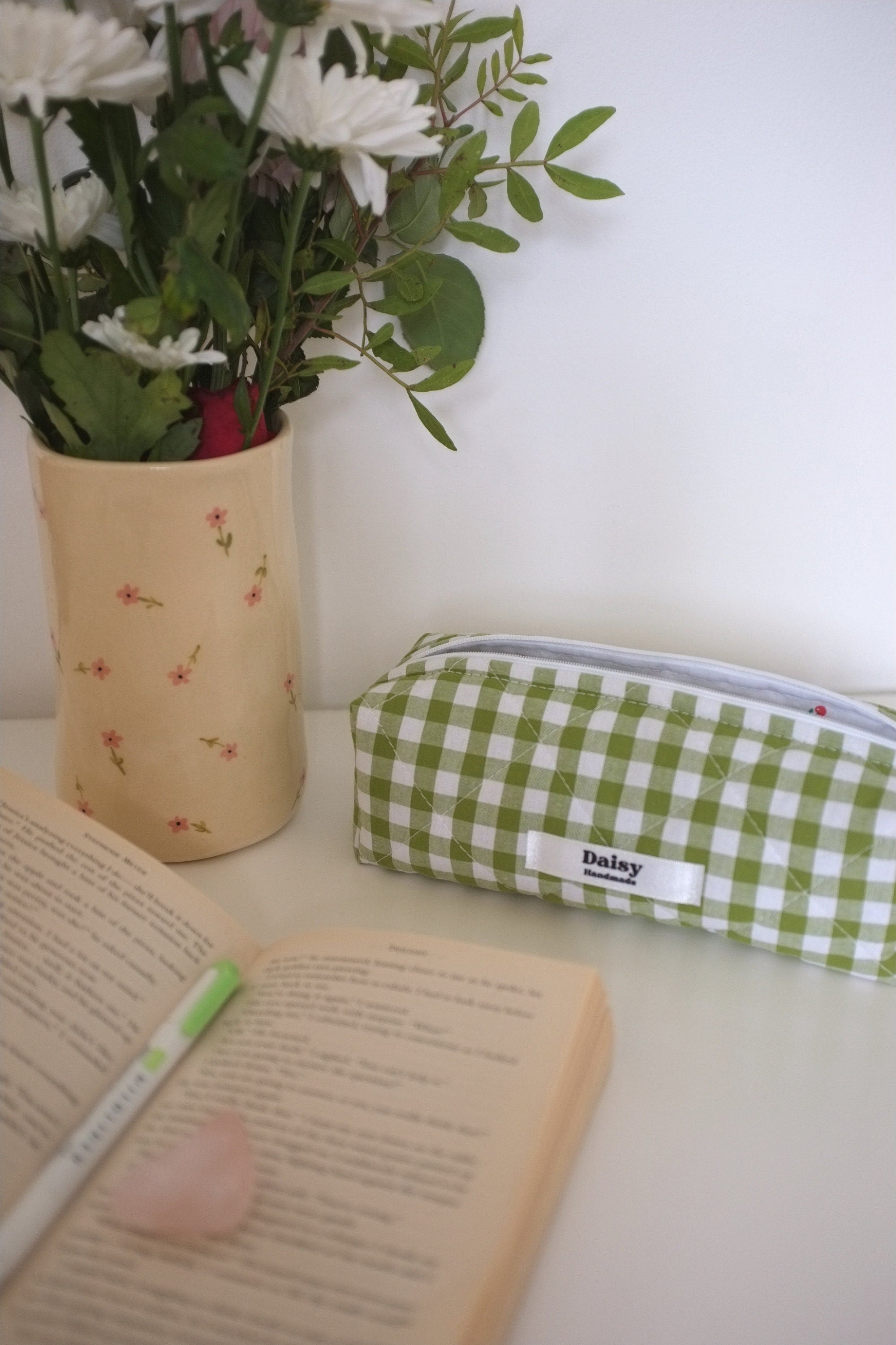 Pencil case olive green gingham