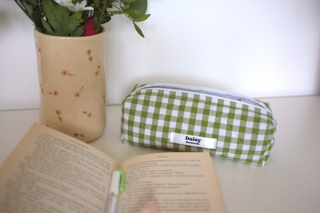Pencil case olive green gingham