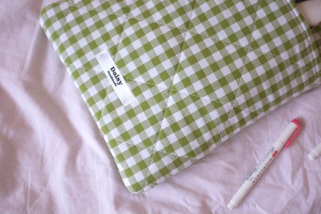 Laptop sleeve with pocket olive green gingham