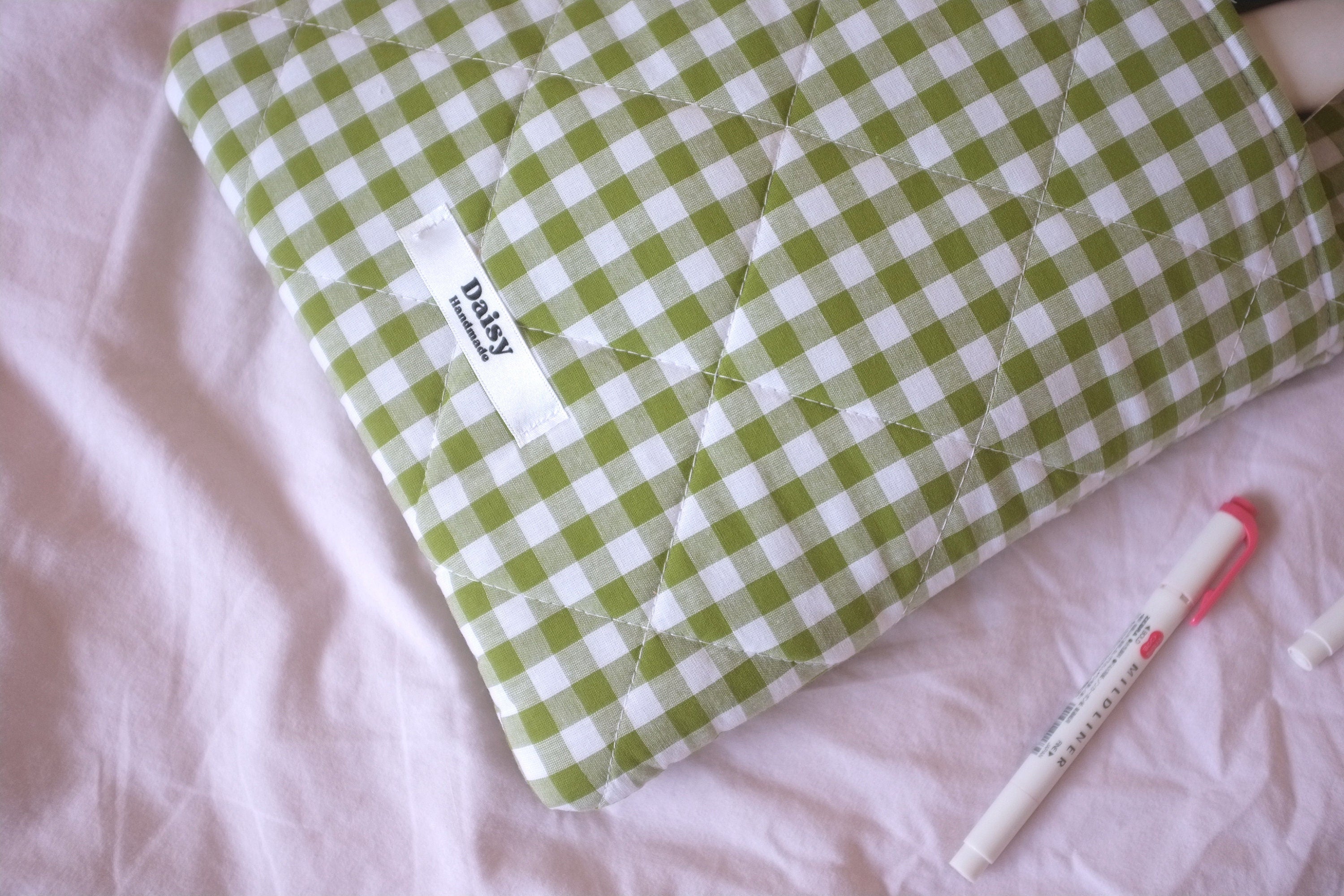 Laptop sleeve with pocket olive green gingham