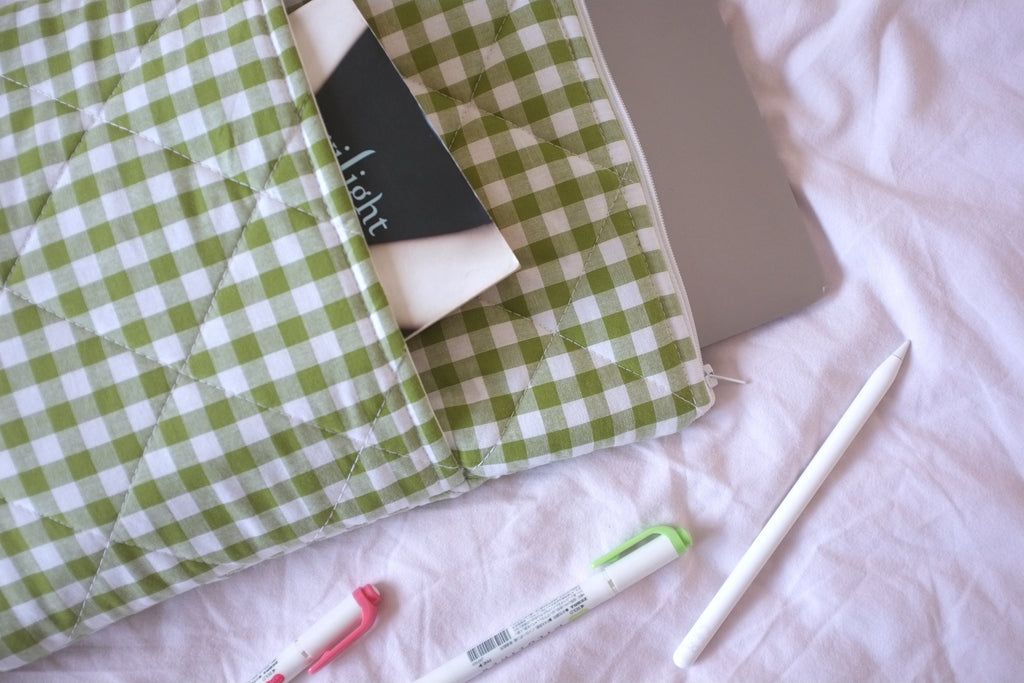 Laptop sleeve with pocket olive green gingham