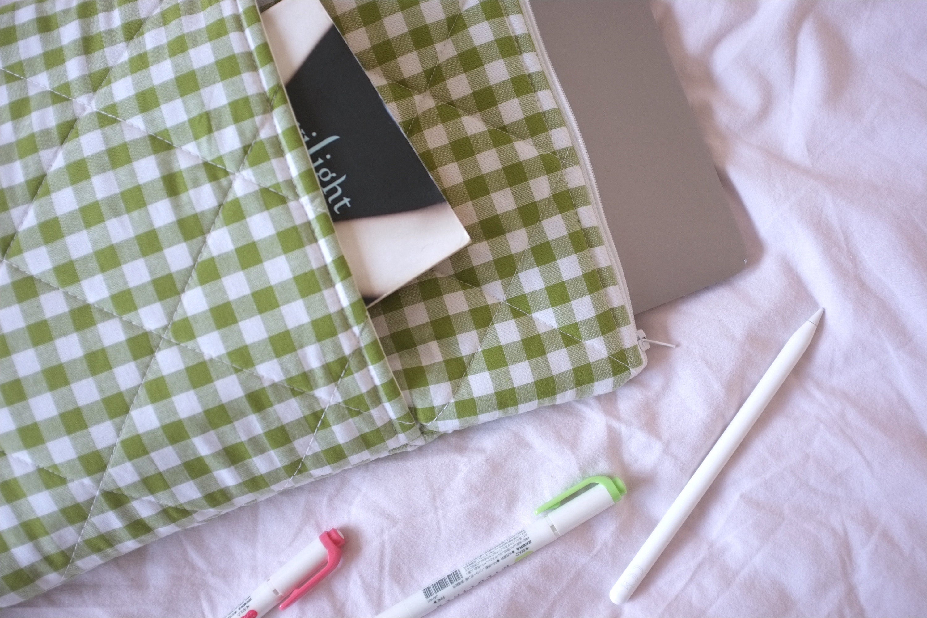 Laptop sleeve with pocket olive green gingham