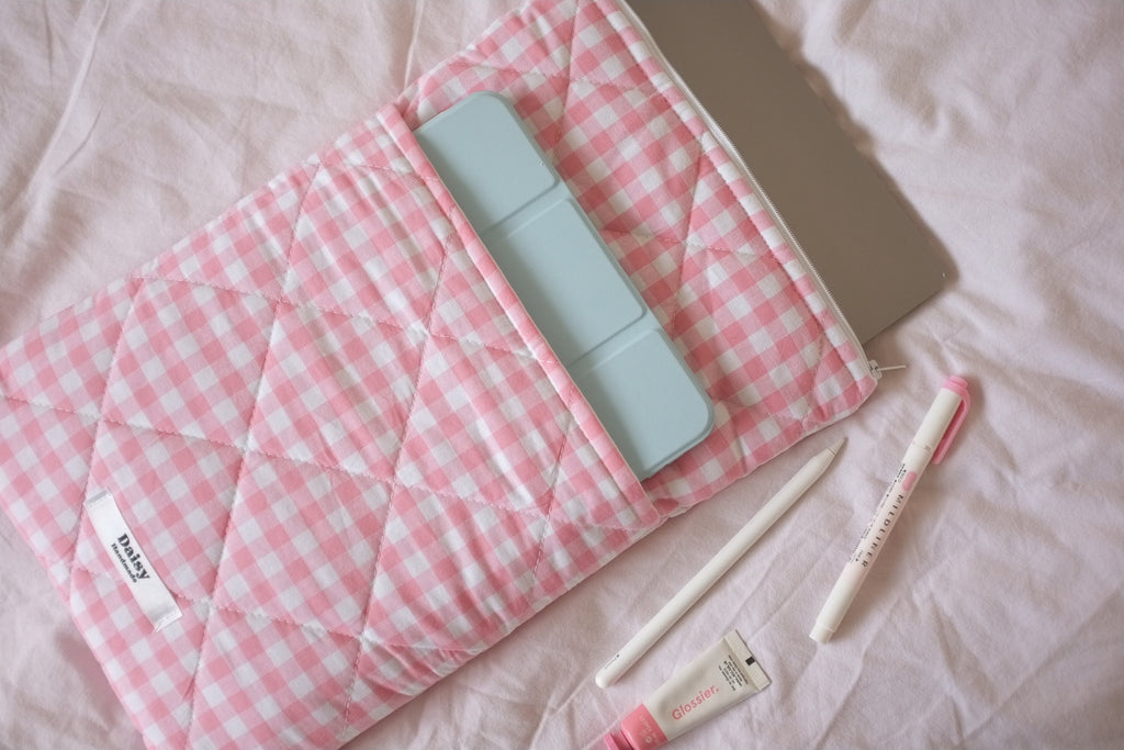 Laptop sleeve with pocket pink gingham