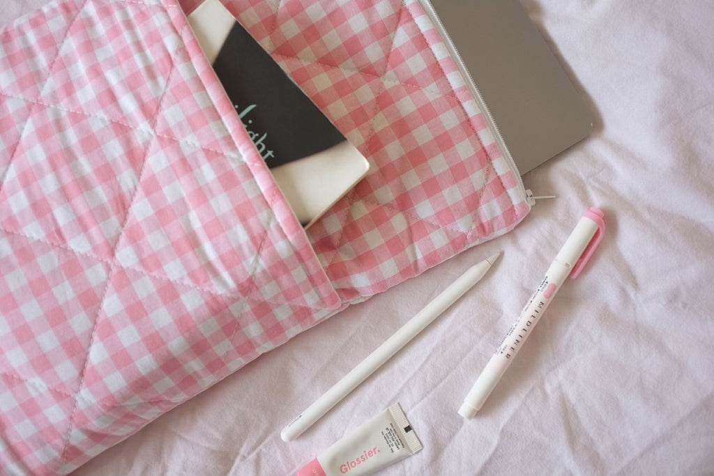 Laptop sleeve with pocket pink gingham