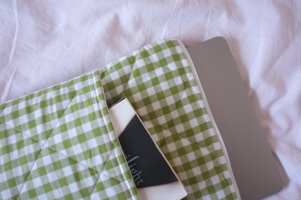 Laptop sleeve with pocket olive green gingham
