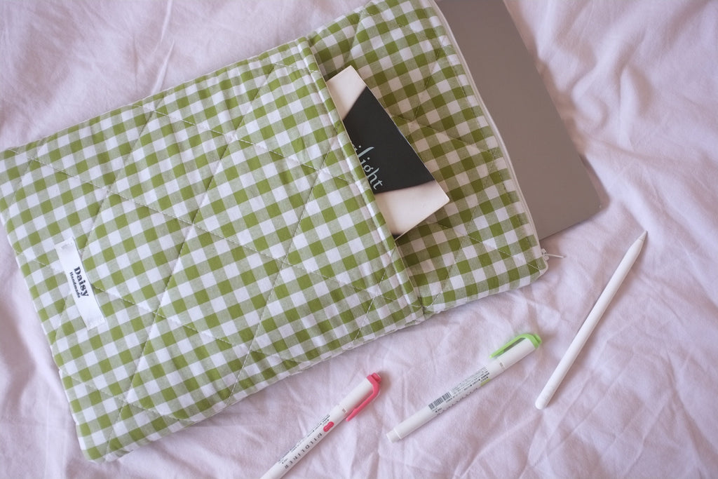 Laptop sleeve with pocket olive green gingham