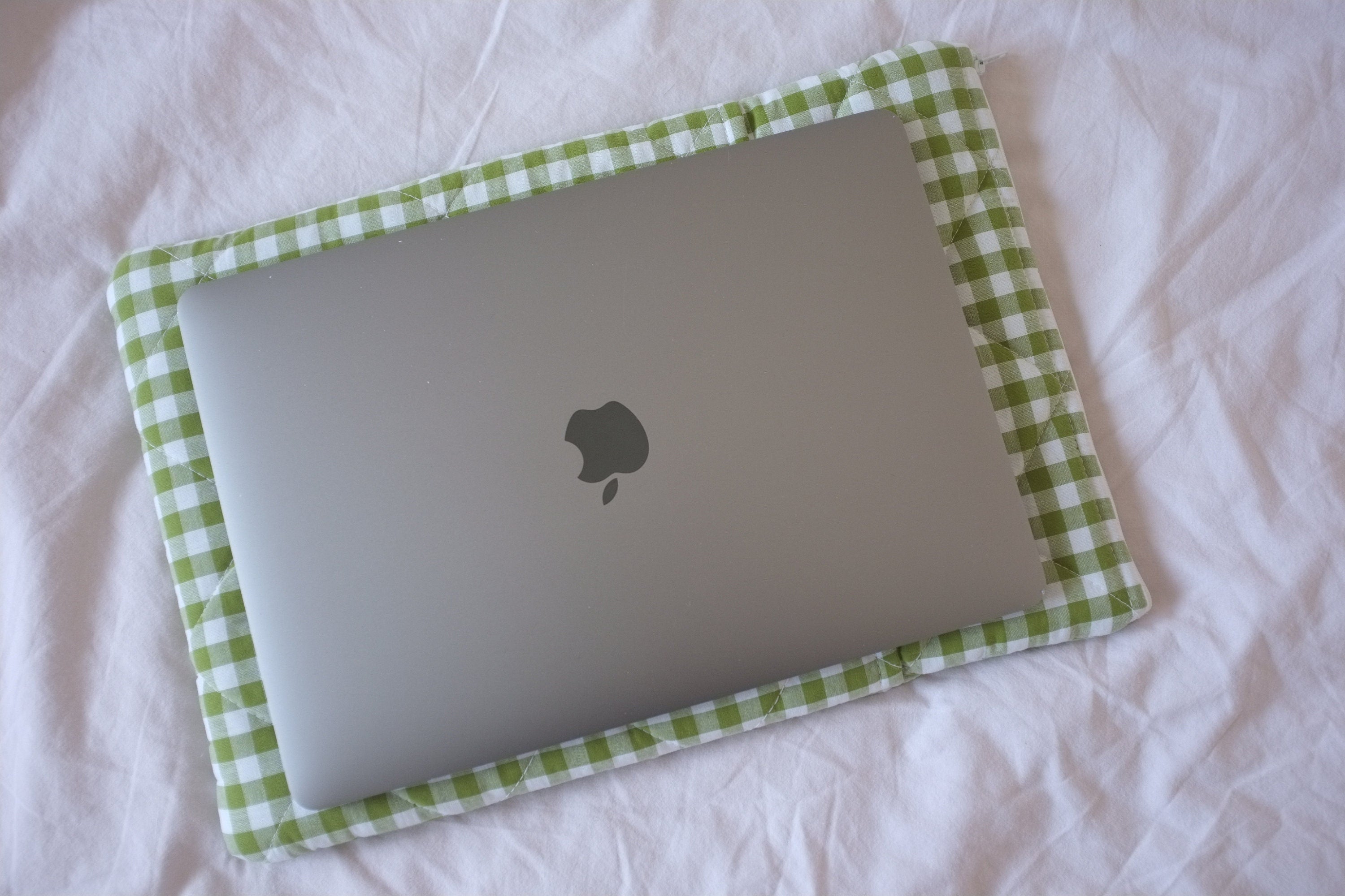Laptop sleeve with pocket olive green gingham