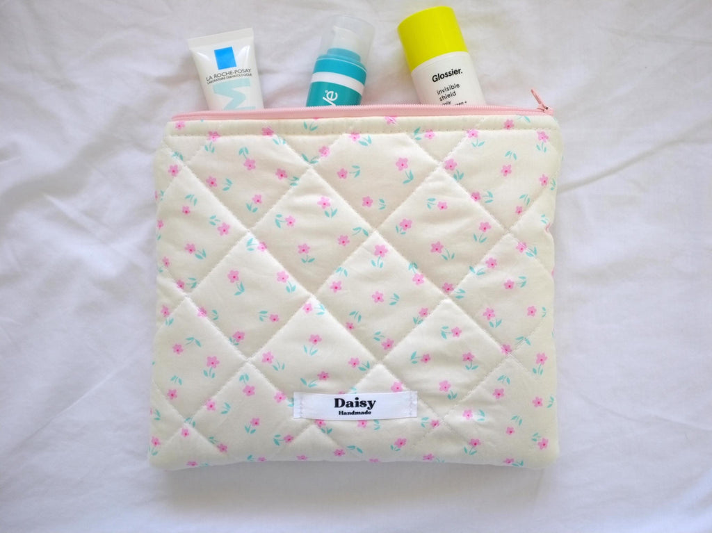 Flat makeup bag cream pink tulips