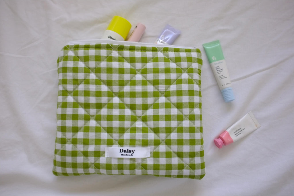 Flat makeup bag olive green gingham