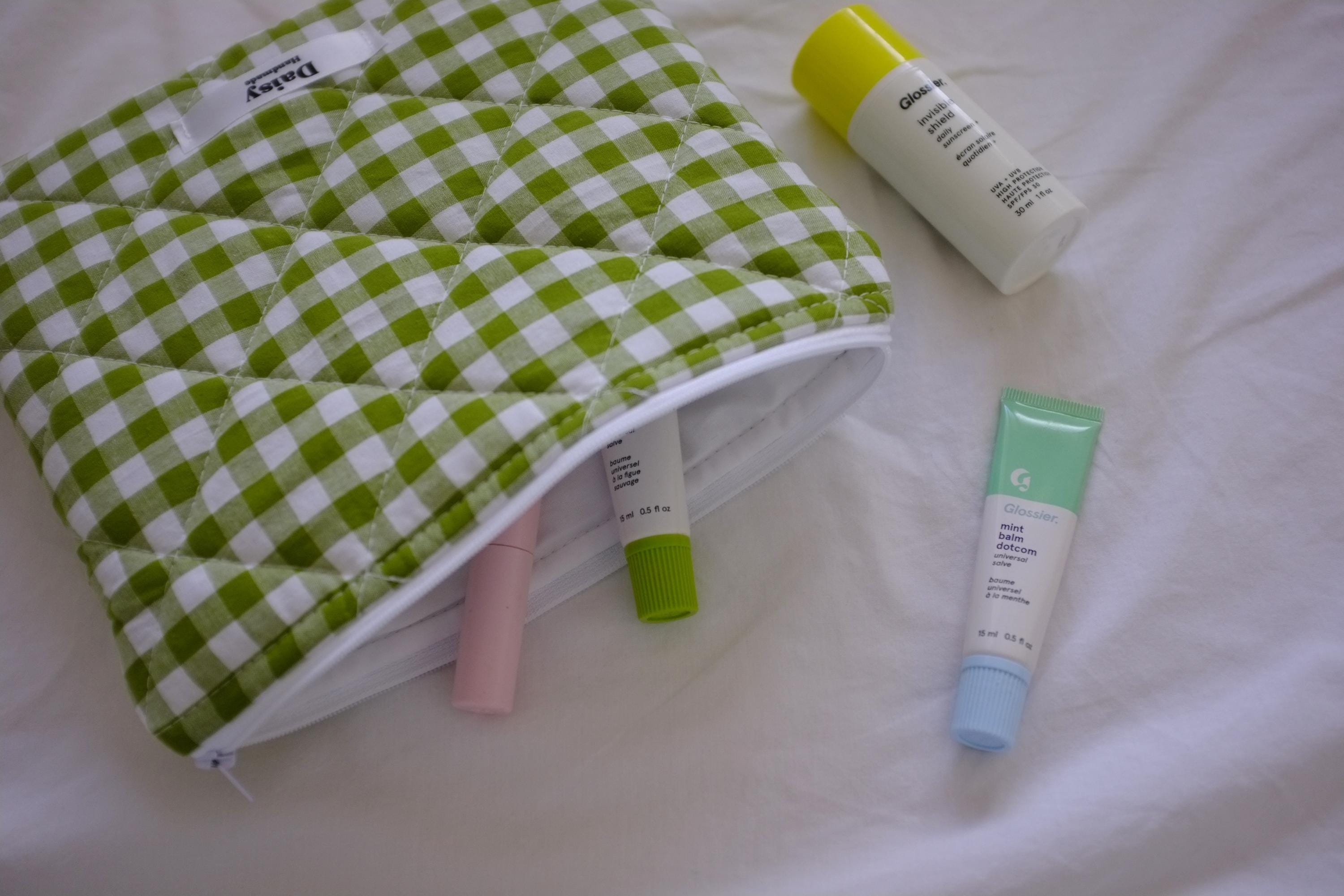 Flat makeup bag olive green gingham