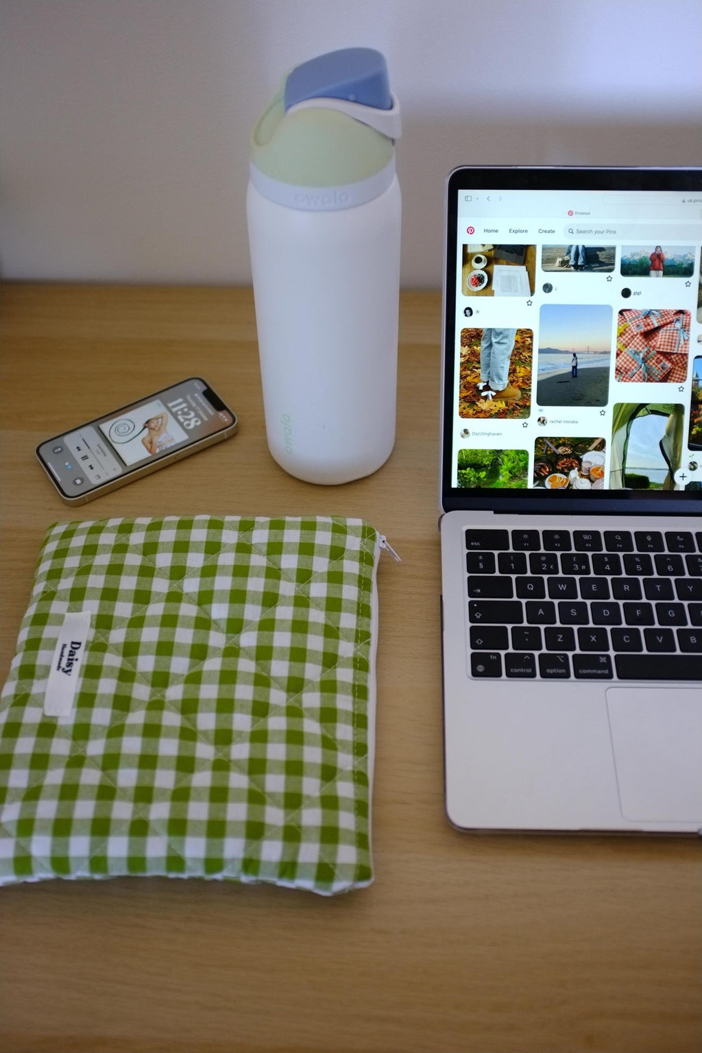 Flat makeup bag olive green gingham