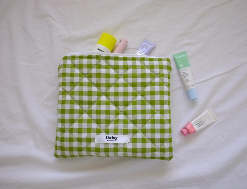 Flat makeup bag olive green gingham
