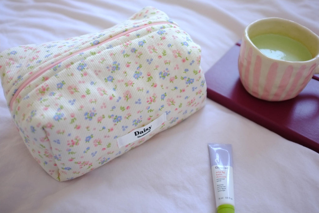 Makeup bag pink purple floral ribbed