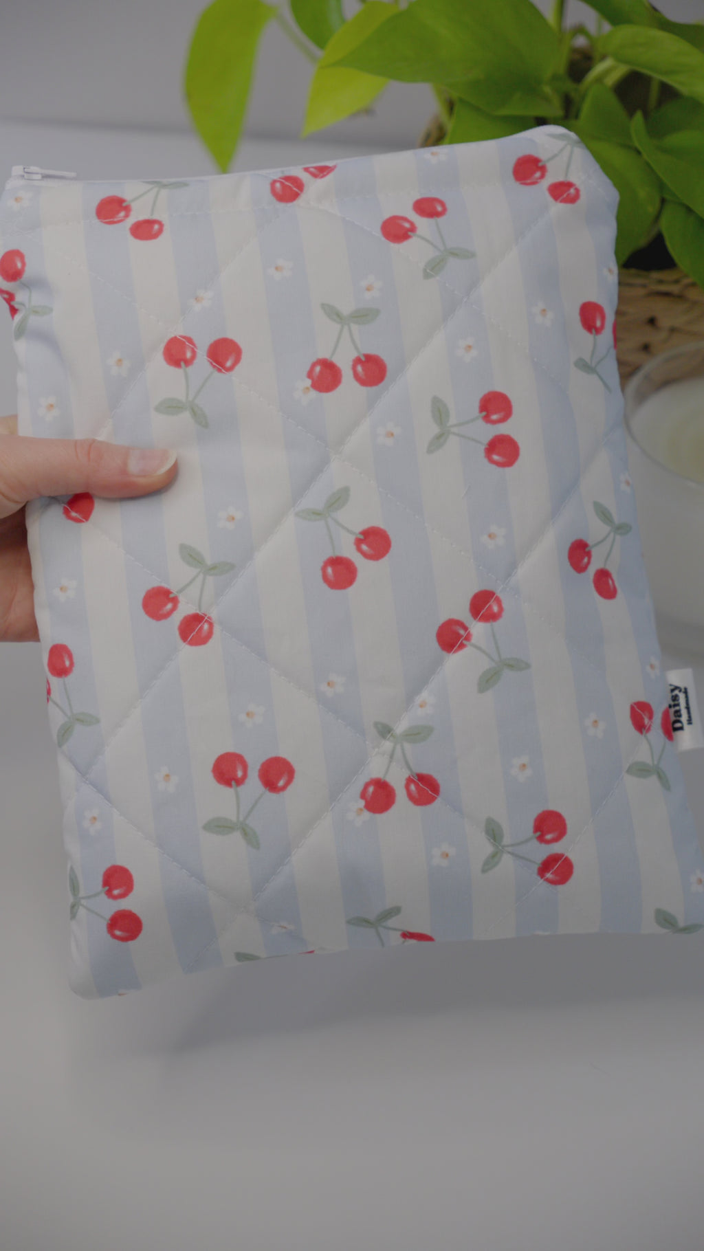 Quilted blue cherry stripe book sleeve