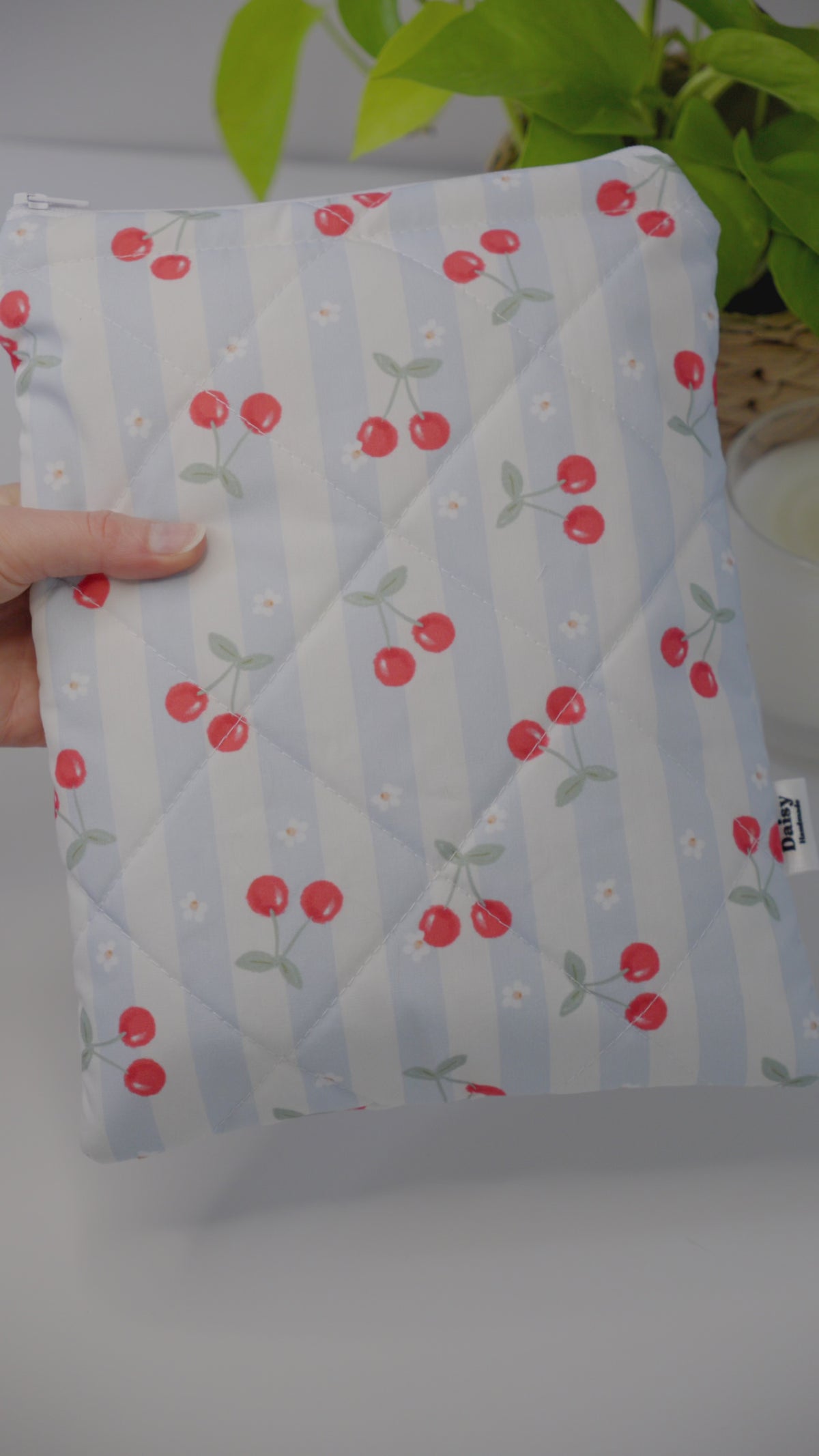 Quilted blue cherry stripe book sleeve