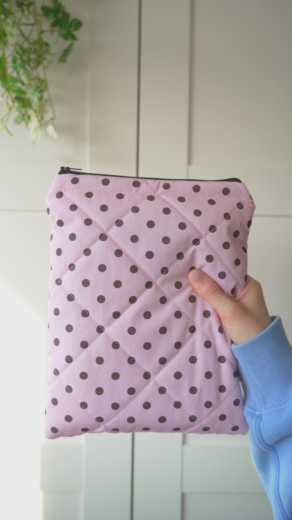Quilted pink and brown polka dot book sleeve