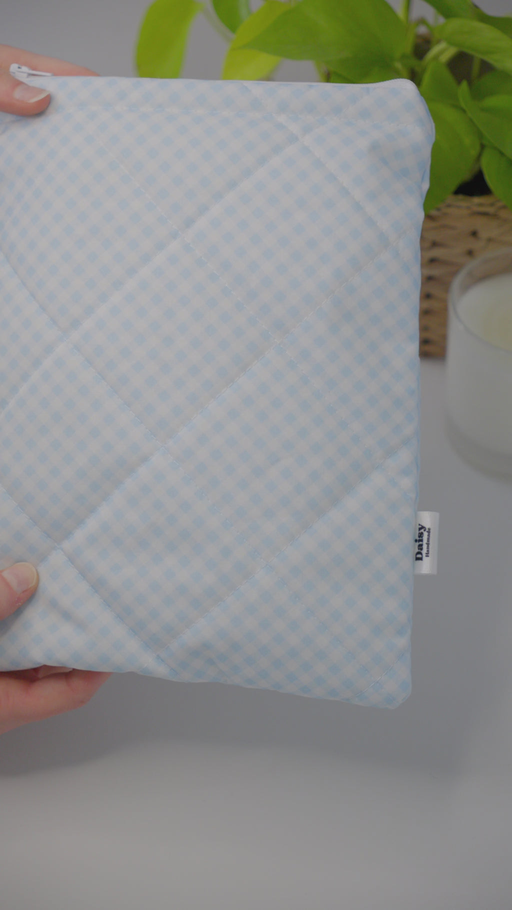 Quilted light blue diagonal gingham book sleeve