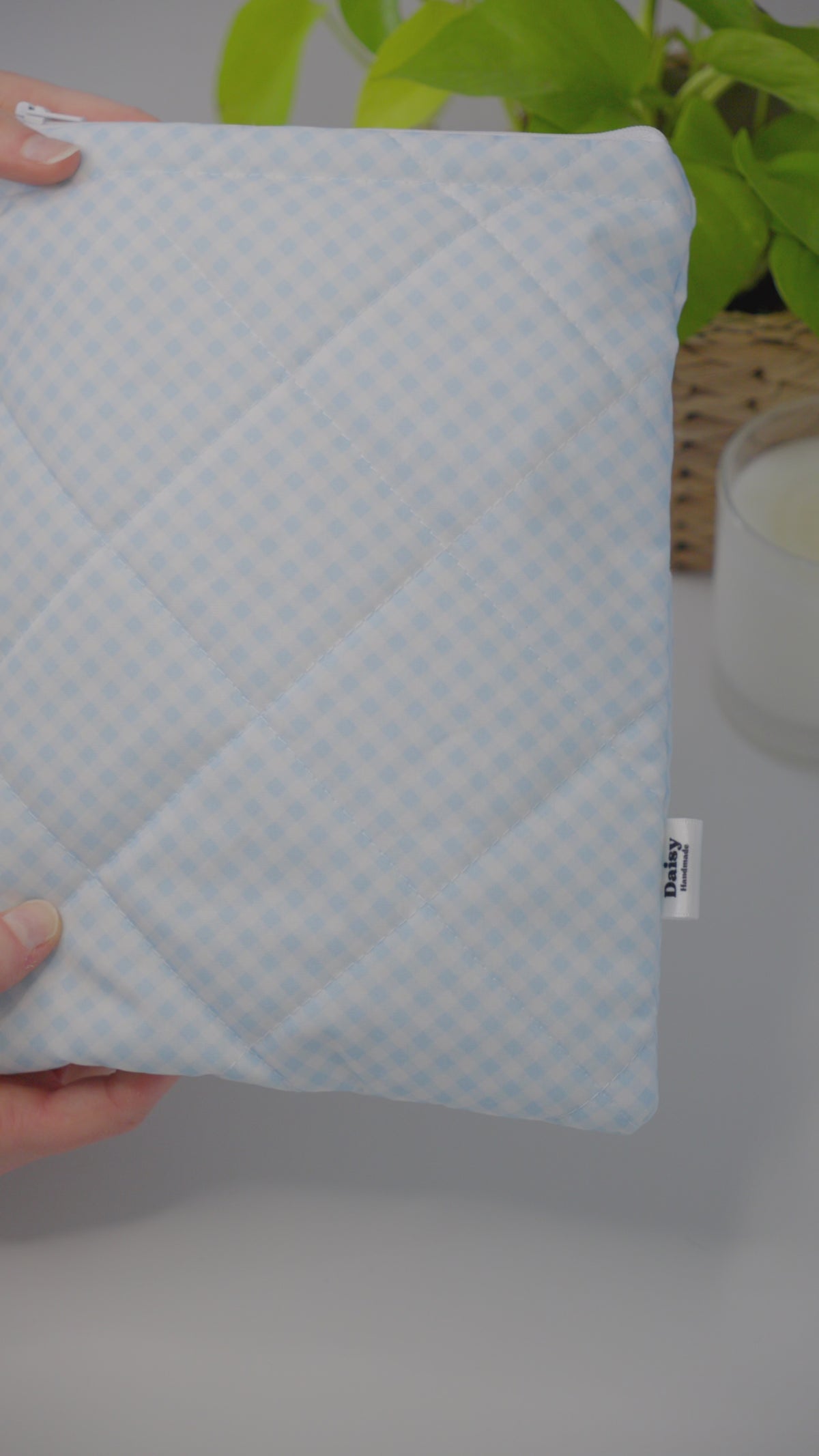 Quilted light blue diagonal gingham book sleeve
