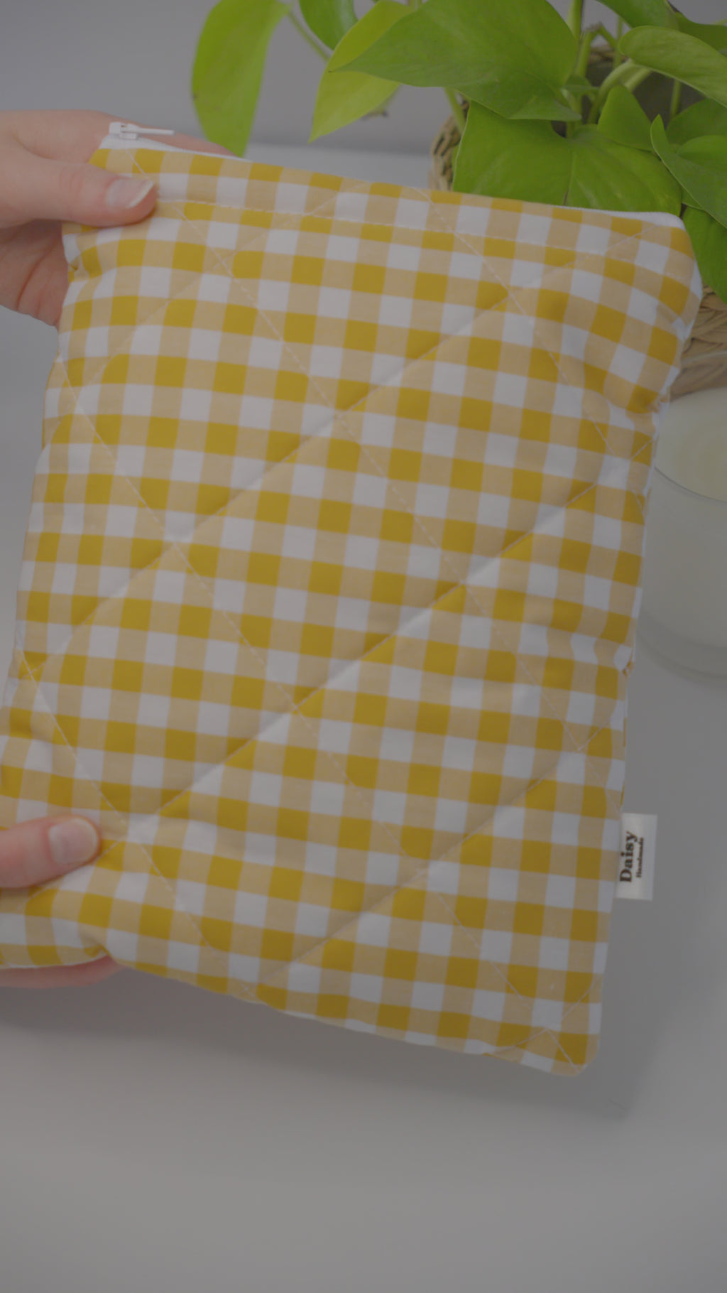 Quilted mustard yellow gingham book sleeve