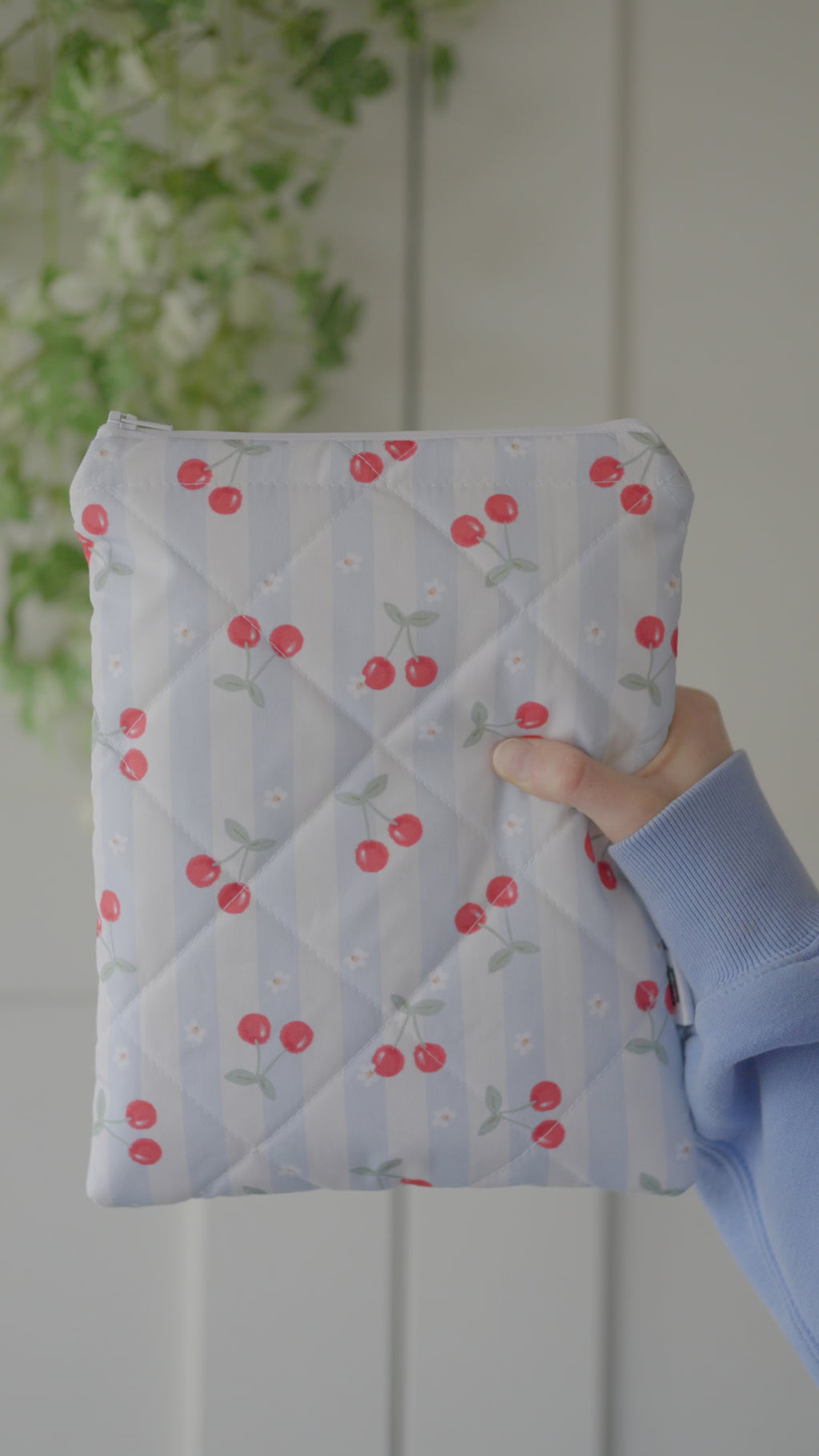 Quilted blue cherry stripe book sleeve