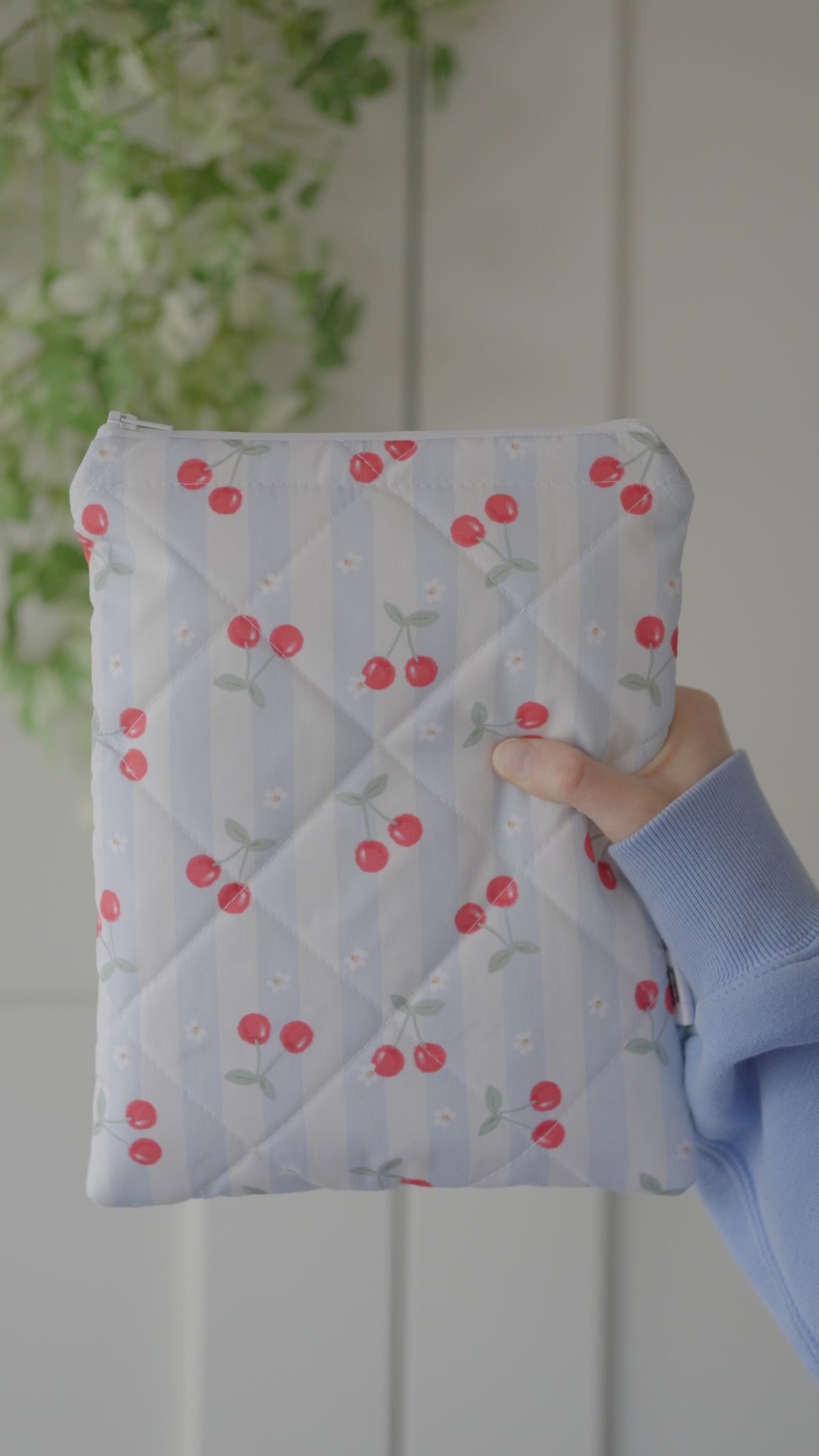 Quilted blue cherry stripe book sleeve