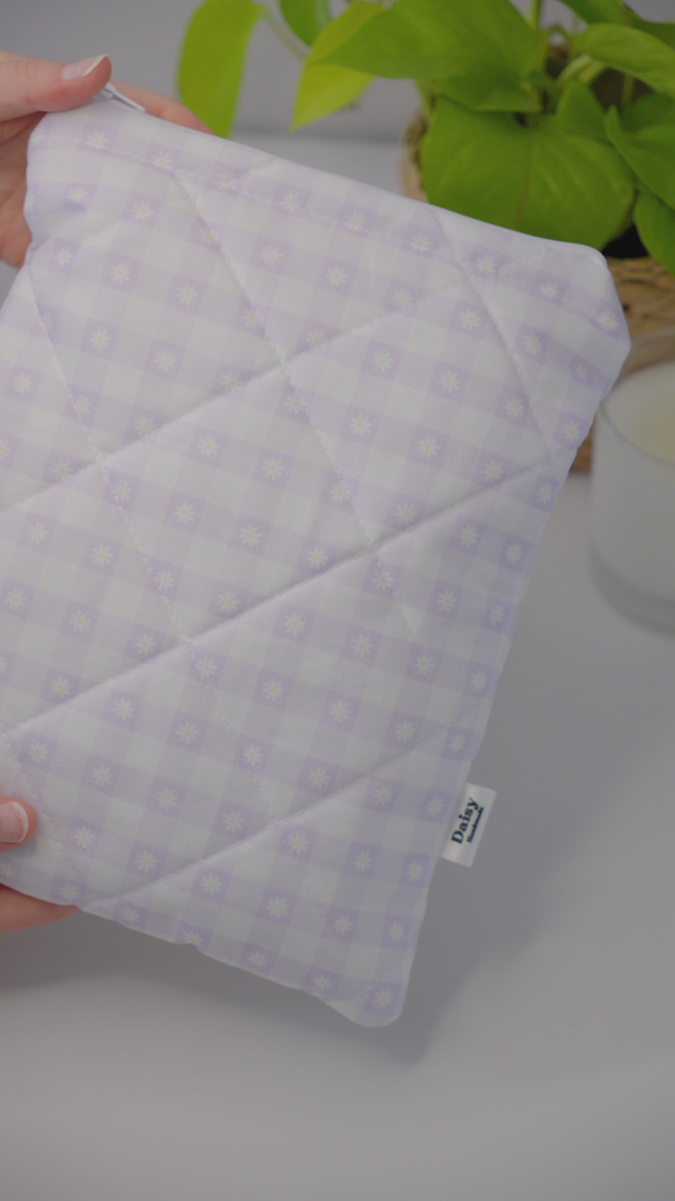 Quilted purple daisy gingham book sleeve