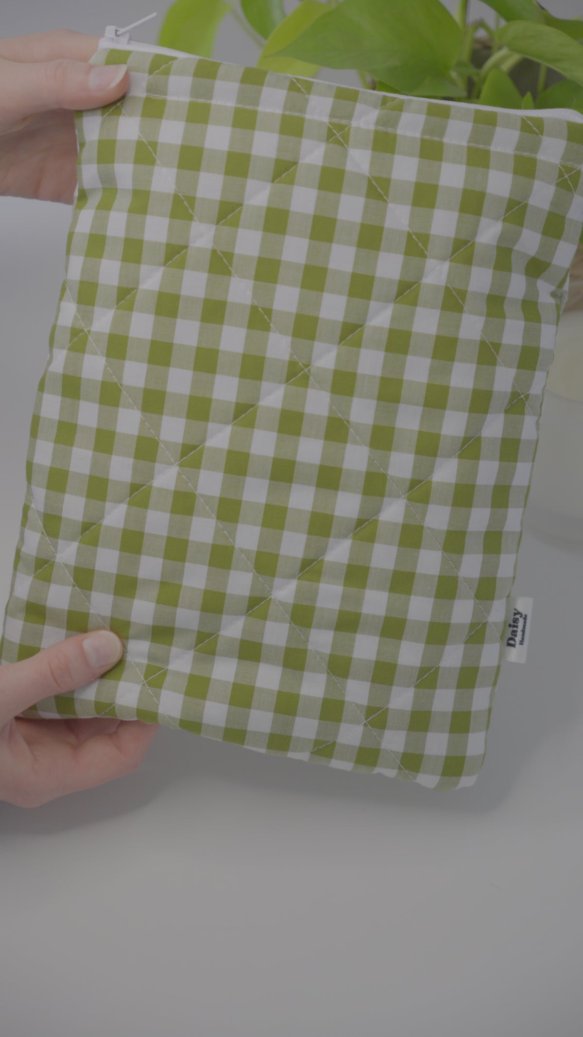 Quilted Olive green gingham book sleeve